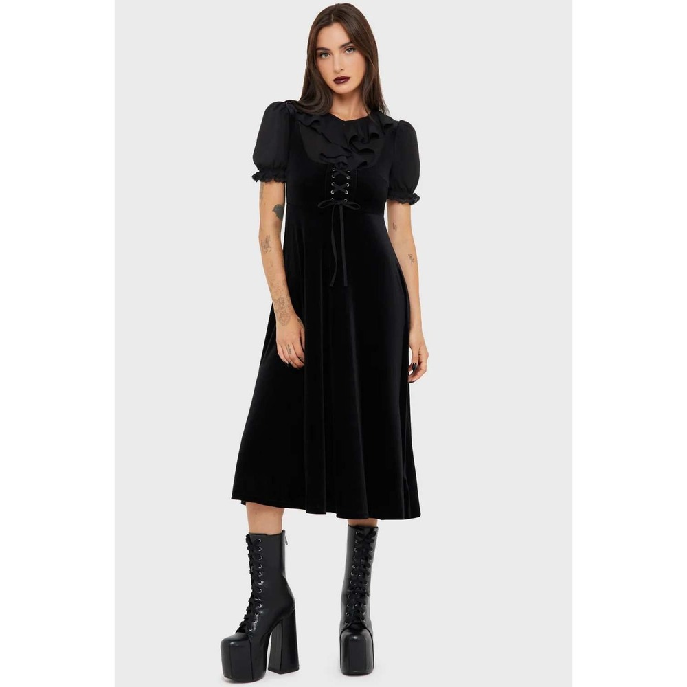 Killstar Eulalie Black Velvet Midi Dress Corset Lace Up Ruffle Goth Victorian